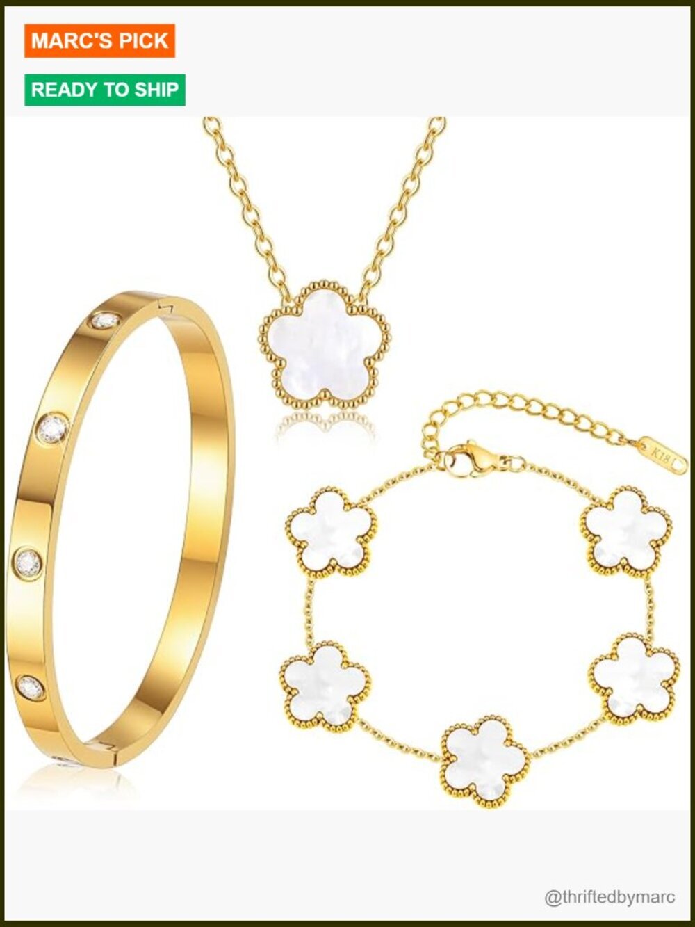 3-Piece 18K Gold Plated Floral Bracelet Necklace Set Stainless Steel Bangle